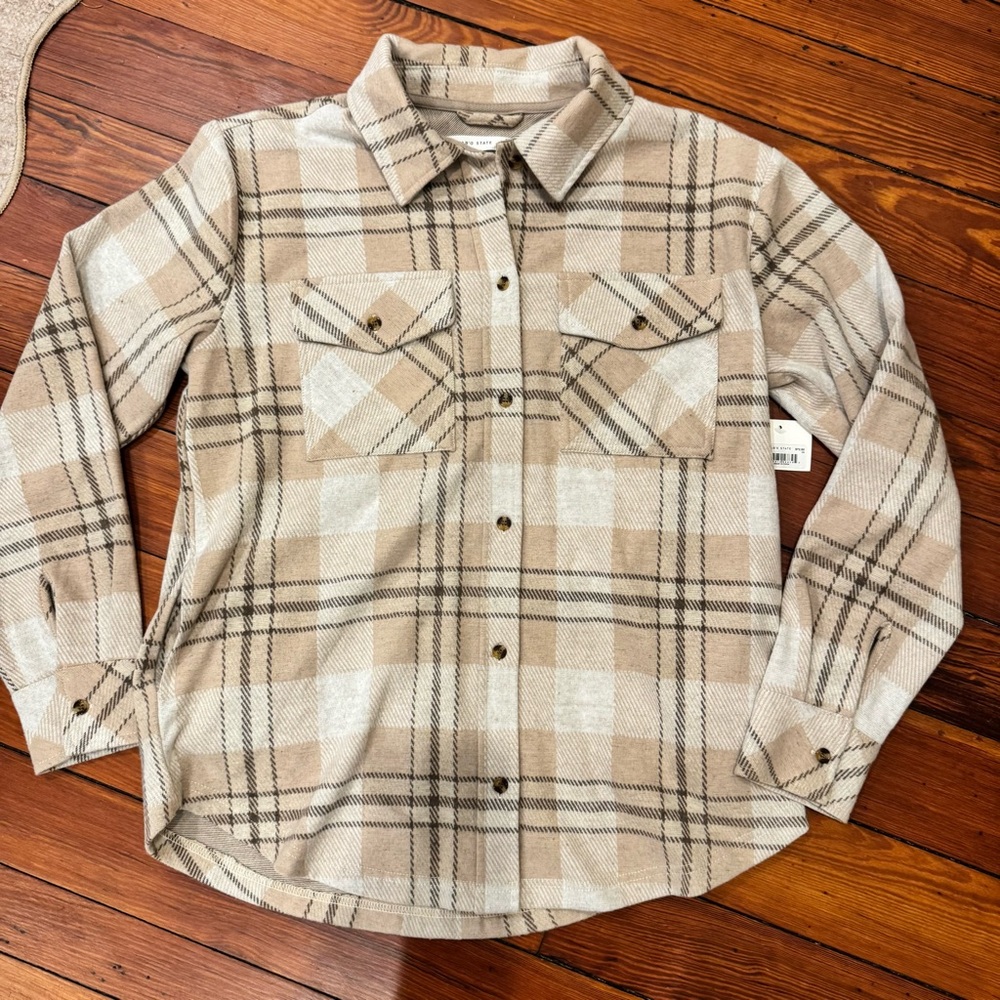 NEW Altar'd State Tan and Cream Checkered Woman’s Button Down Shirt Size XS